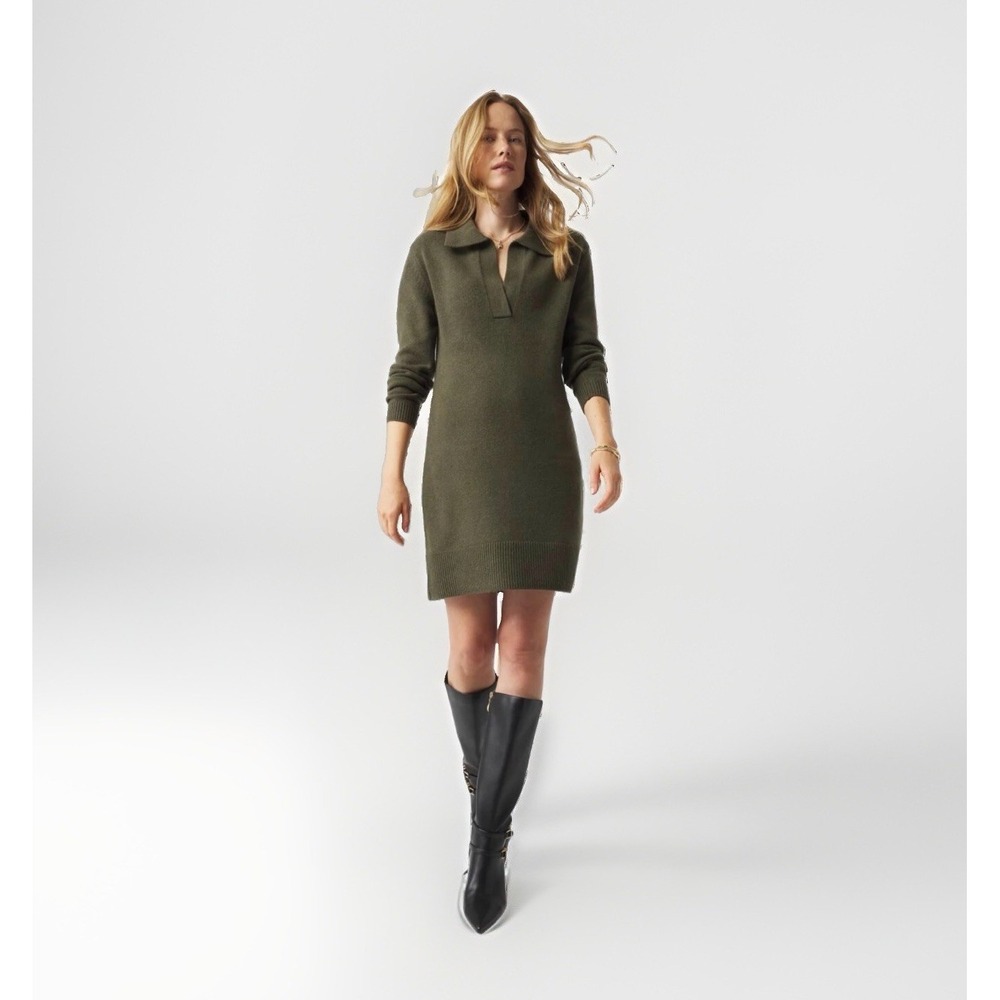 White House Black Market Collared Polo Sweater Dress Size M Green Wool Blend
